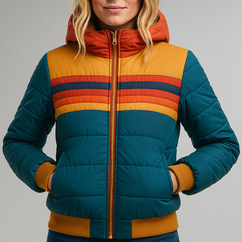 Damen - Pufferjacke - Wasserdicht mit Kapuze - Farbblock Design - Stilvolle Outdoor Abenteuer
