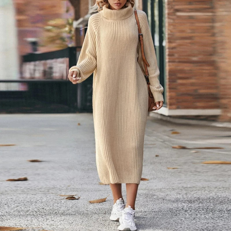 Damen - Midi Rollkragen Strickpullover Kleid - Weichem Material - Bequem und stilvoll für jeden Anlass