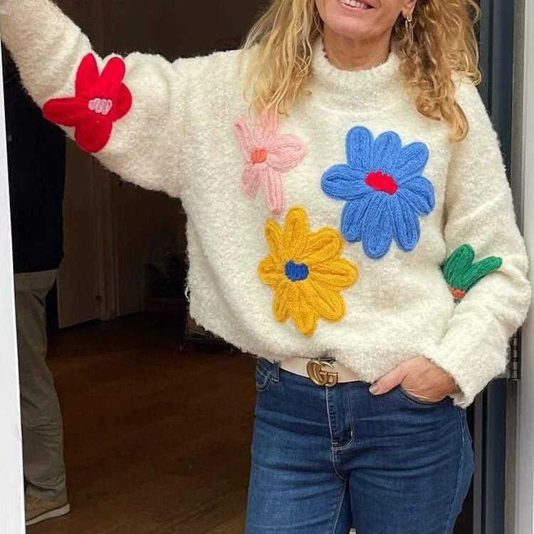 Damen - Übergroßer Pullover - Grobstrick - Blumenmuster - Bequemer und stilvoller Look