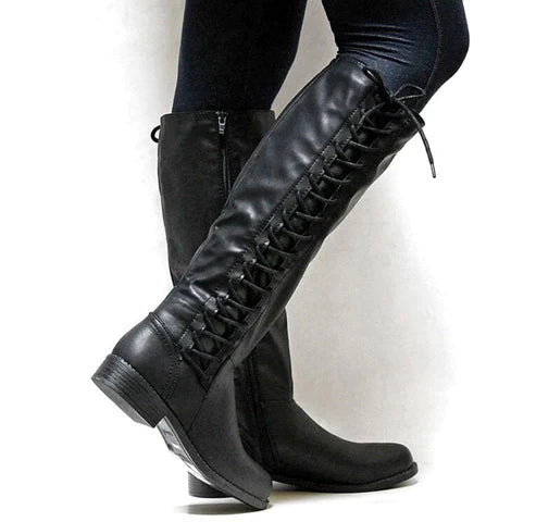Damen - Schnürstiefel - Kniehohe - Flacher Stil - Bequeme und modische Stiefel für jeden Anlass
