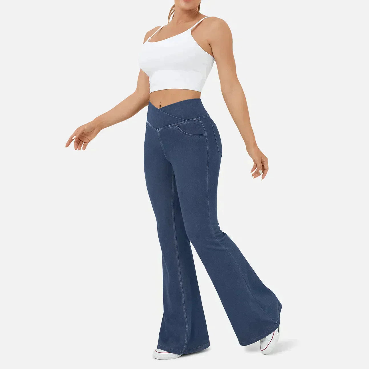 Damen - Schlaghosen mit Hoher Taille - Überkreuzten Bund für Stil und Komfort