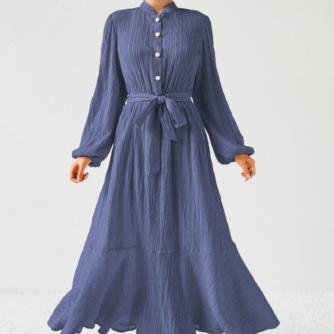 Damen - Plissiertes Maxikleid - Gewebtem Stoff - Lange Ärmel & Hoher Ausschnitt - Ideales Kleid für jeden Anlass