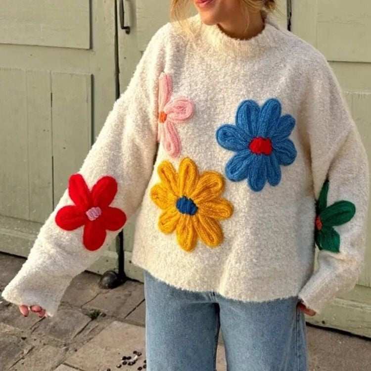 Damen - Übergroßer Pullover - Grobstrick - Blumenmuster - Bequemer und stilvoller Look