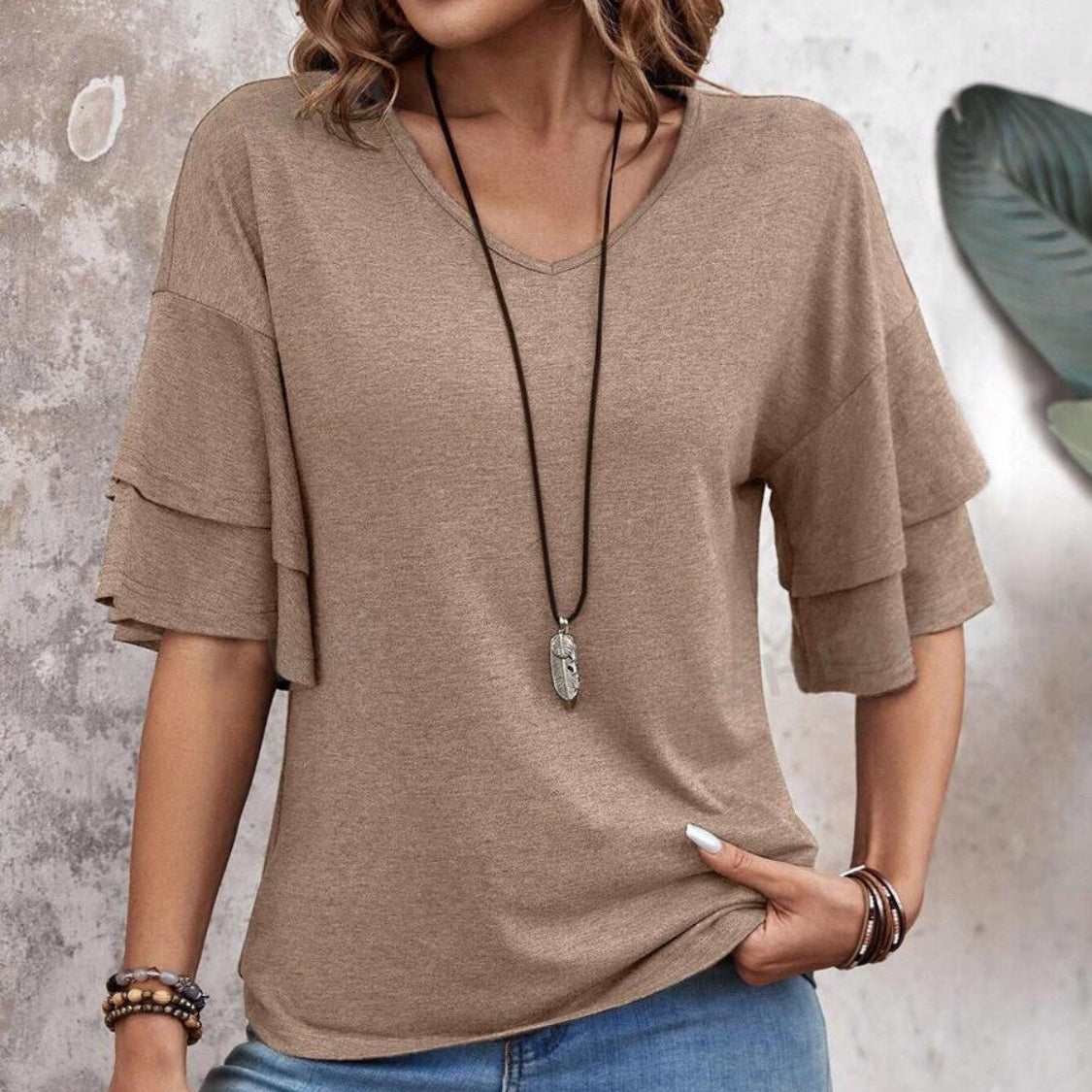 Damen - Bluse mit V-Ausschnitt und halben Ärmeln - Gewebemischung  - Stylisches Alltags-Top
