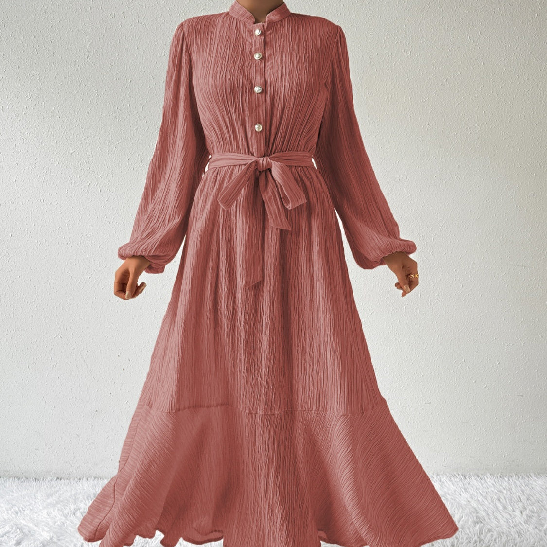 Damen - Plissiertes Maxikleid - Gewebtem Stoff - Lange Ärmel & Hoher Ausschnitt - Ideales Kleid für jeden Anlass