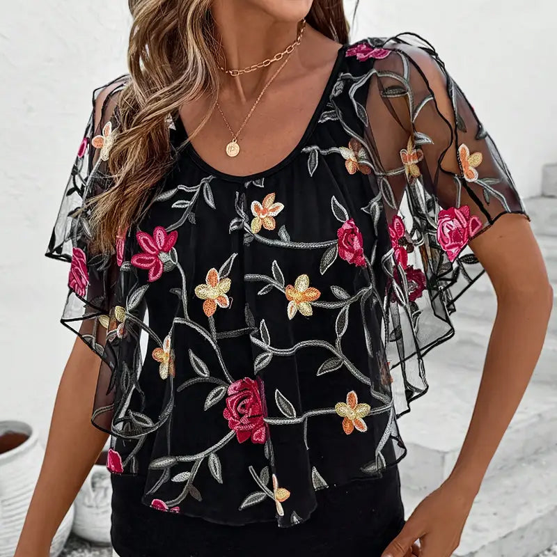 Damen - Bestickte Mesh-Bluse - Baumwollmischung - Elegantes & stilvolles Top für jeden Anlass