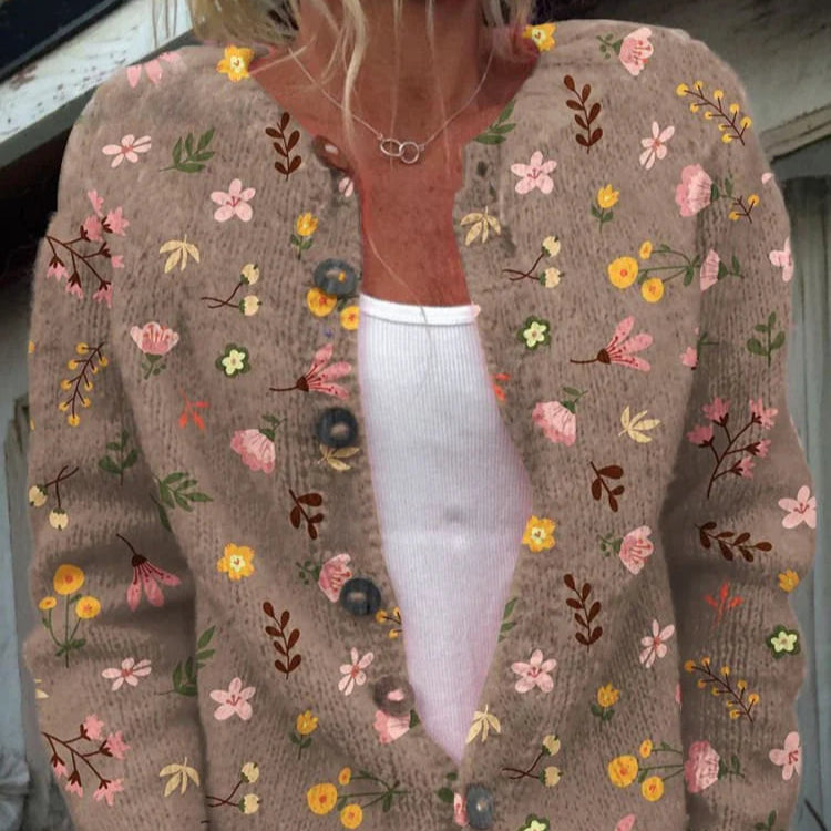Damen - Strickjacke - Blumenmuster - Rundhalsausschnitt - Modische, bequeme Oberbekleidung für jeden Anlass