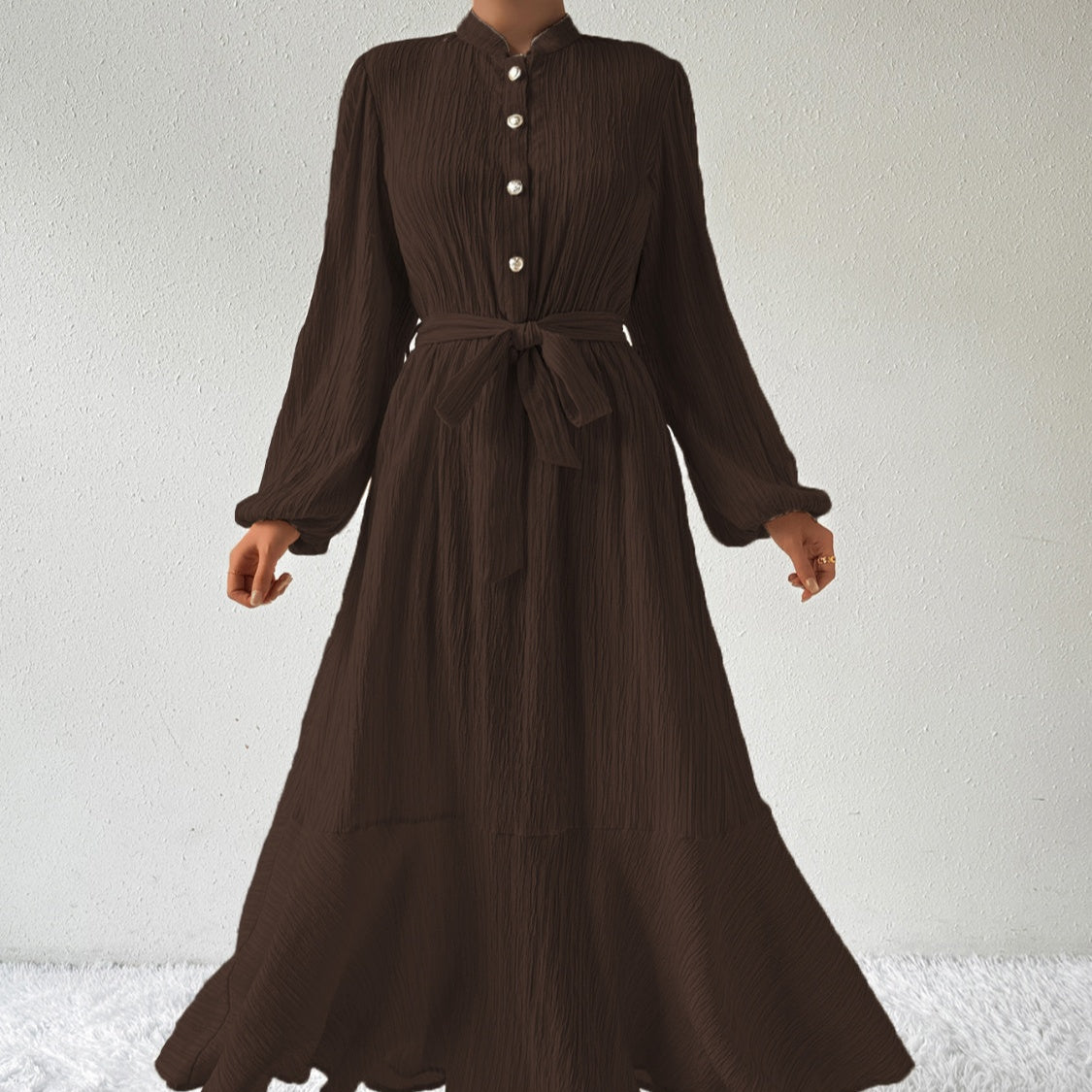 Damen - Plissiertes Maxikleid - Gewebtem Stoff - Lange Ärmel & Hoher Ausschnitt - Ideales Kleid für jeden Anlass