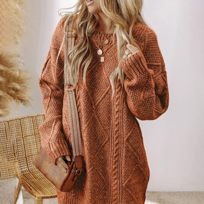 Damen - Pulloverkleid - Zopfstrick - Bequeme Übergröße für stilvolle Looks