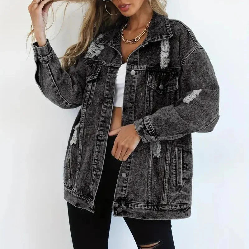 Damen - Übergroß Denim Jacke - Atmungsaktivem Material - Lässiger Stil - Vielseitige Mode für jeden Anlass