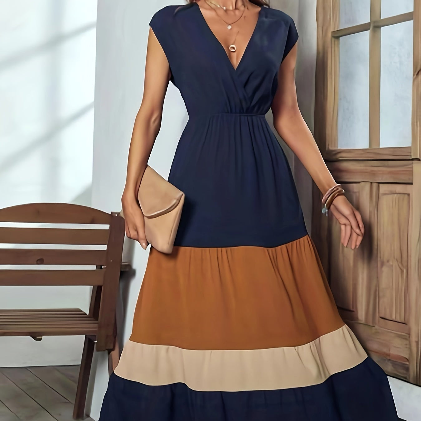 Damen - Farbblock Maxi-Kleid - Polyester - Elegantes ärmelloses Wickelkleid - Vielseitig und Stilvoll für jeden Anlass