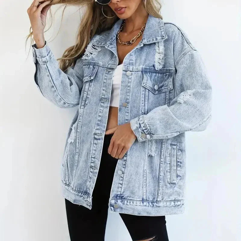 Damen - Übergroß Denim Jacke - Atmungsaktivem Material - Lässiger Stil - Vielseitige Mode für jeden Anlass