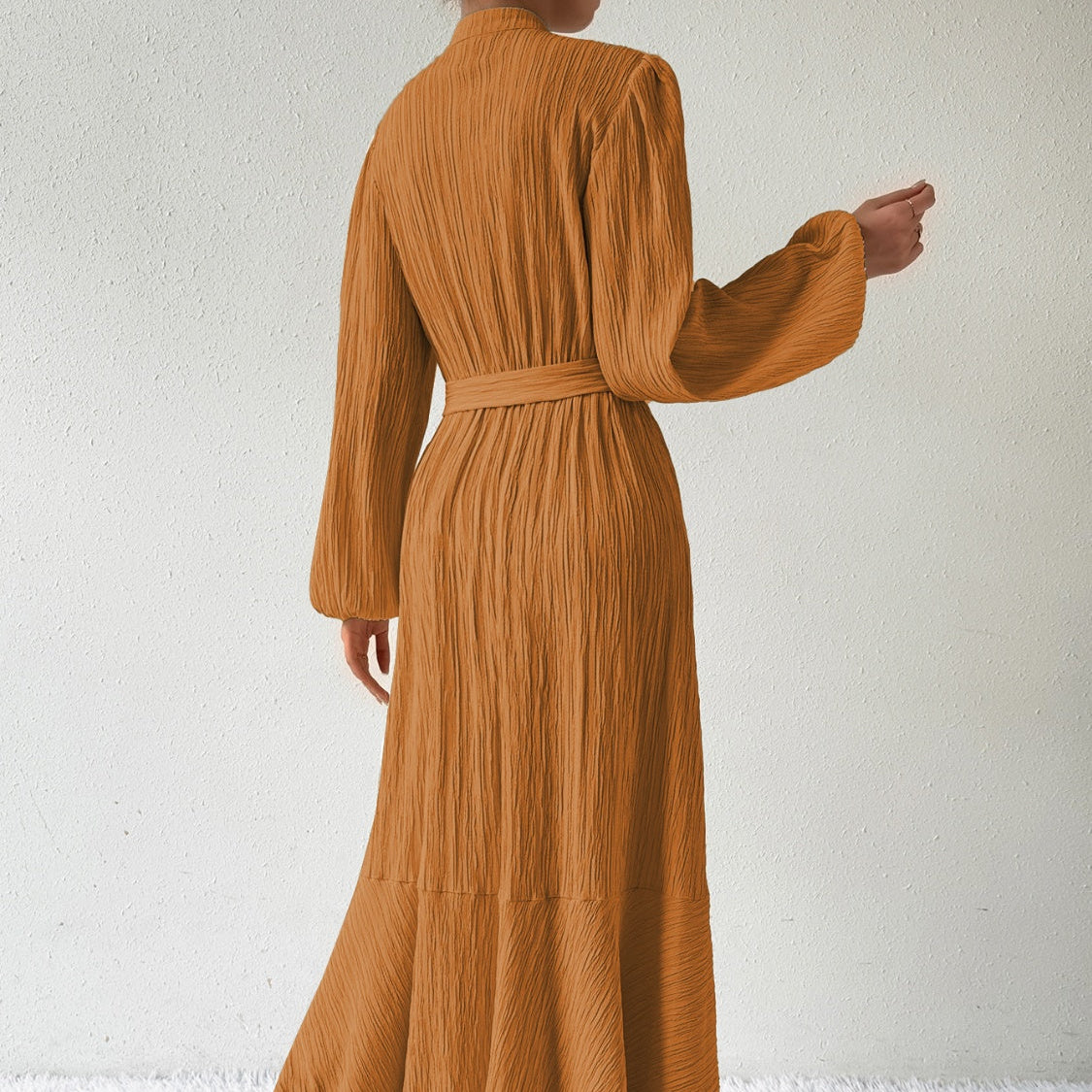 Damen - Plissiertes Maxikleid - Gewebtem Stoff - Lange Ärmel & Hoher Ausschnitt - Ideales Kleid für jeden Anlass