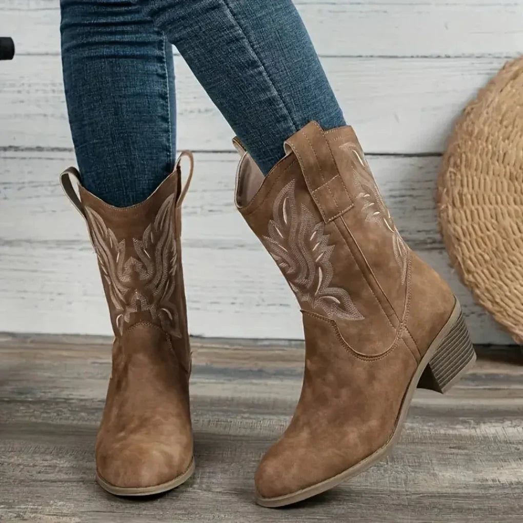 Damen - Cowboystiefel - Leder - Schlupfdesign - Stilvolle Western Nähte für den perfekten Look