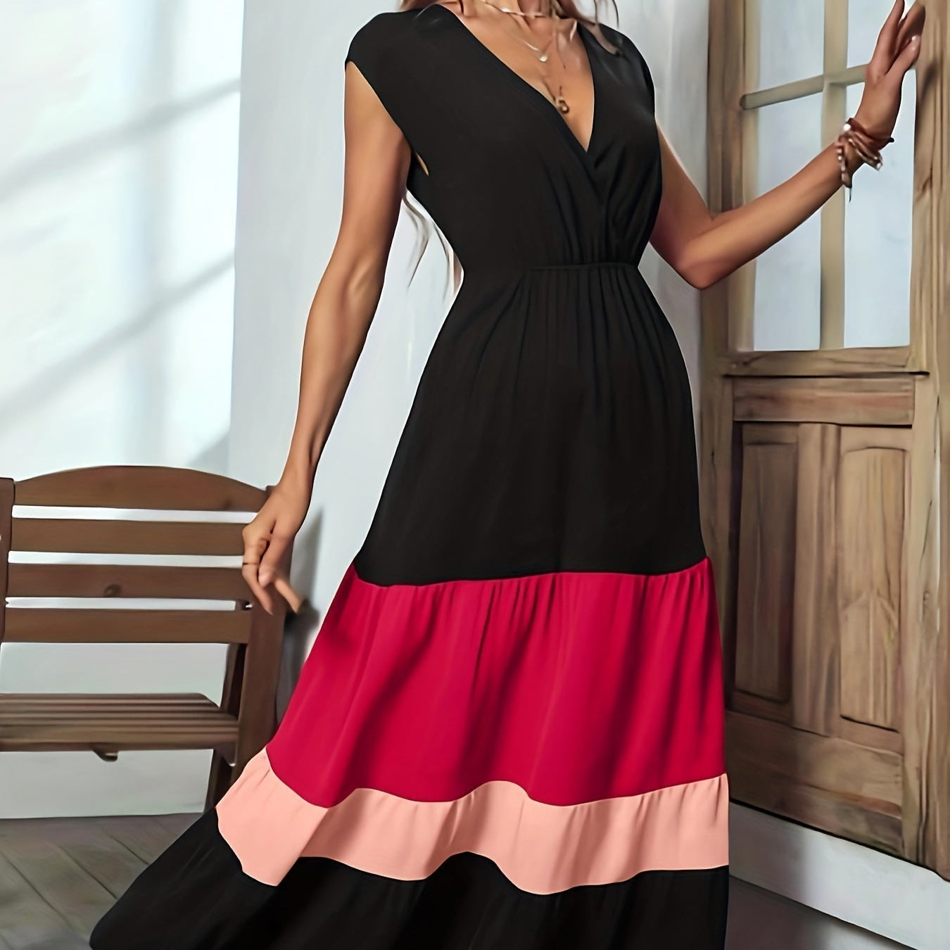 Damen - Farbblock Maxi-Kleid - Polyester - Elegantes ärmelloses Wickelkleid - Vielseitig und Stilvoll für jeden Anlass