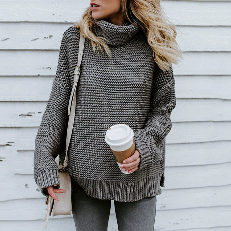 Damen - Strickpullover - Übergroßer - Hoher Ausschnitt & Rippstrick - Stilvoll & Bequem
