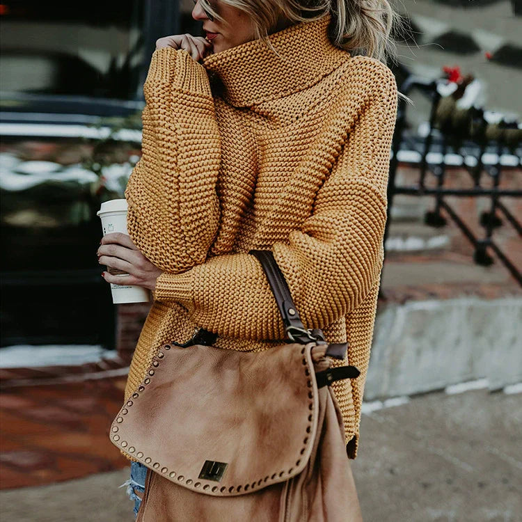 Damen - Strickpullover - Übergroßer - Hoher Ausschnitt & Rippstrick - Stilvoll & Bequem