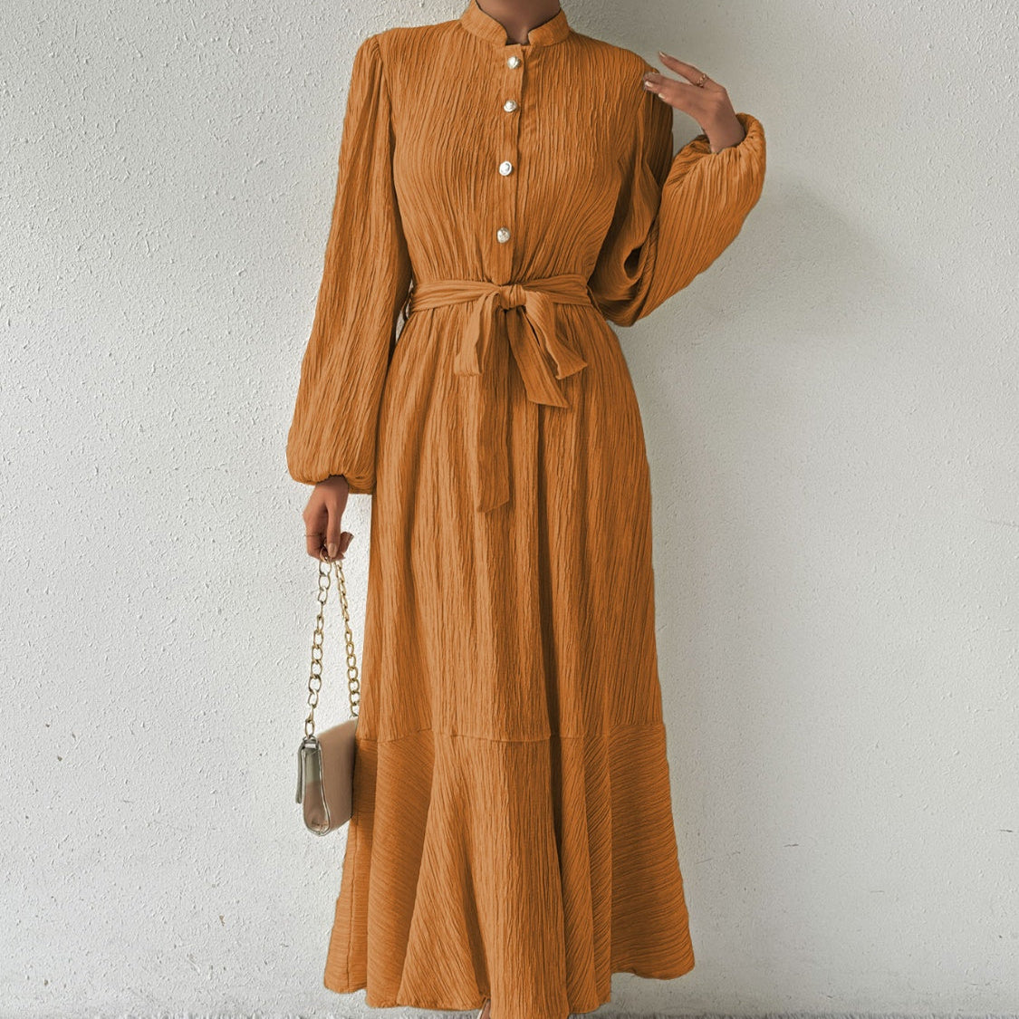Damen - Plissiertes Maxikleid - Gewebtem Stoff - Lange Ärmel & Hoher Ausschnitt - Ideales Kleid für jeden Anlass