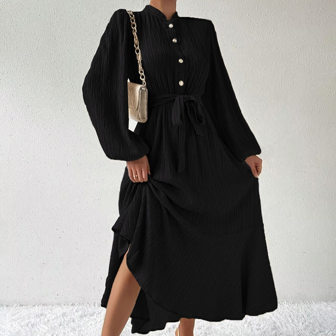 Damen - Plissiertes Maxikleid - Gewebtem Stoff - Lange Ärmel & Hoher Ausschnitt - Ideales Kleid für jeden Anlass