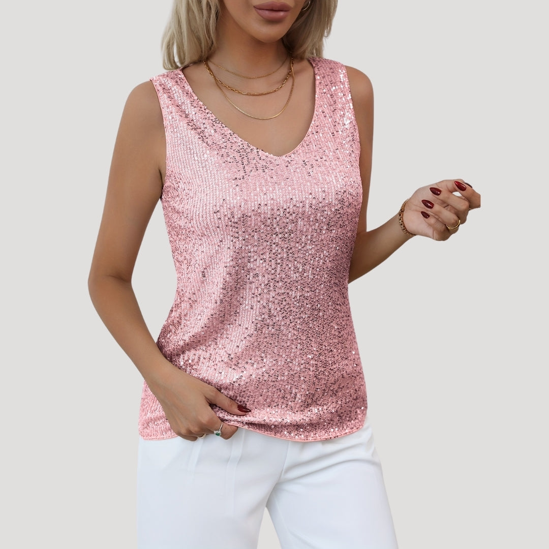 Damen - Pailletten Party-Top mit V-Ausschnitt - Leichte Stoff - Glamouröser Stil für besondere Anlässe
