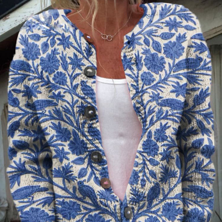 Damen - Strickjacke - Blumenmuster - Rundhalsausschnitt - Modische, bequeme Oberbekleidung für jeden Anlass