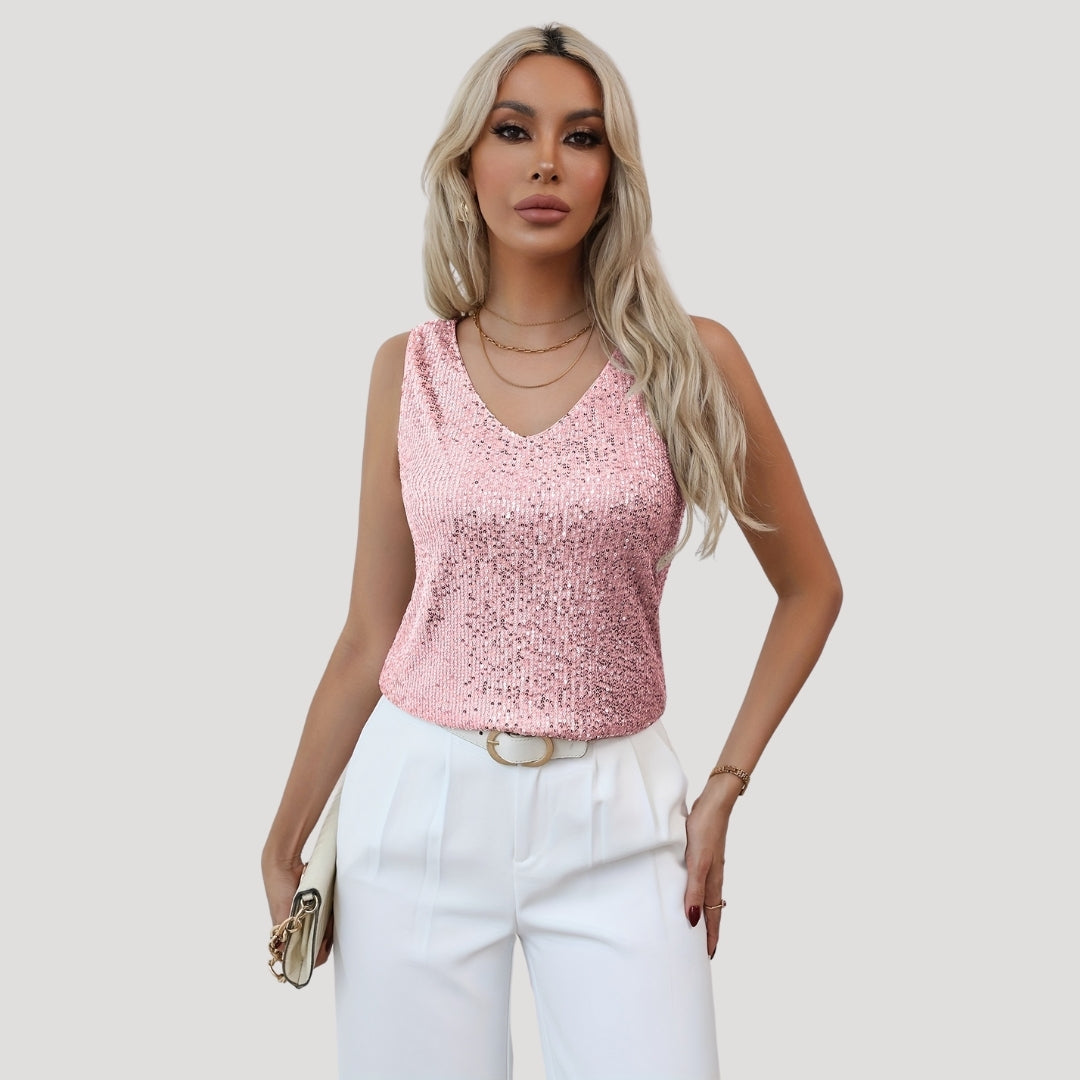 Damen - Pailletten Party-Top mit V-Ausschnitt - Leichte Stoff - Glamouröser Stil für besondere Anlässe