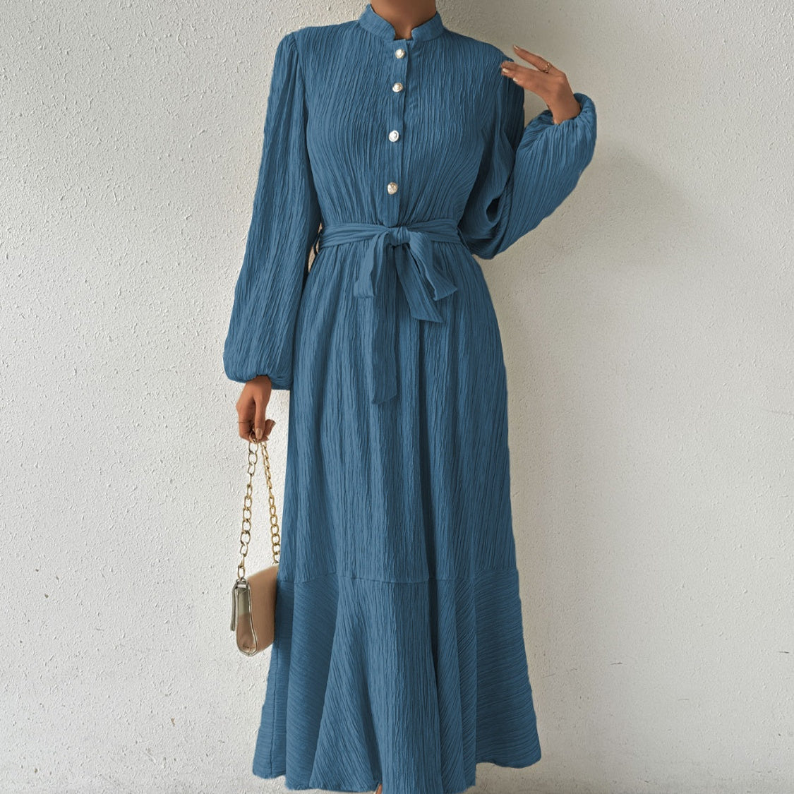 Damen - Plissiertes Maxikleid - Gewebtem Stoff - Lange Ärmel & Hoher Ausschnitt - Ideales Kleid für jeden Anlass