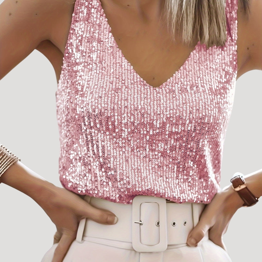 Damen - Pailletten Party-Top mit V-Ausschnitt - Leichte Stoff - Glamouröser Stil für besondere Anlässe