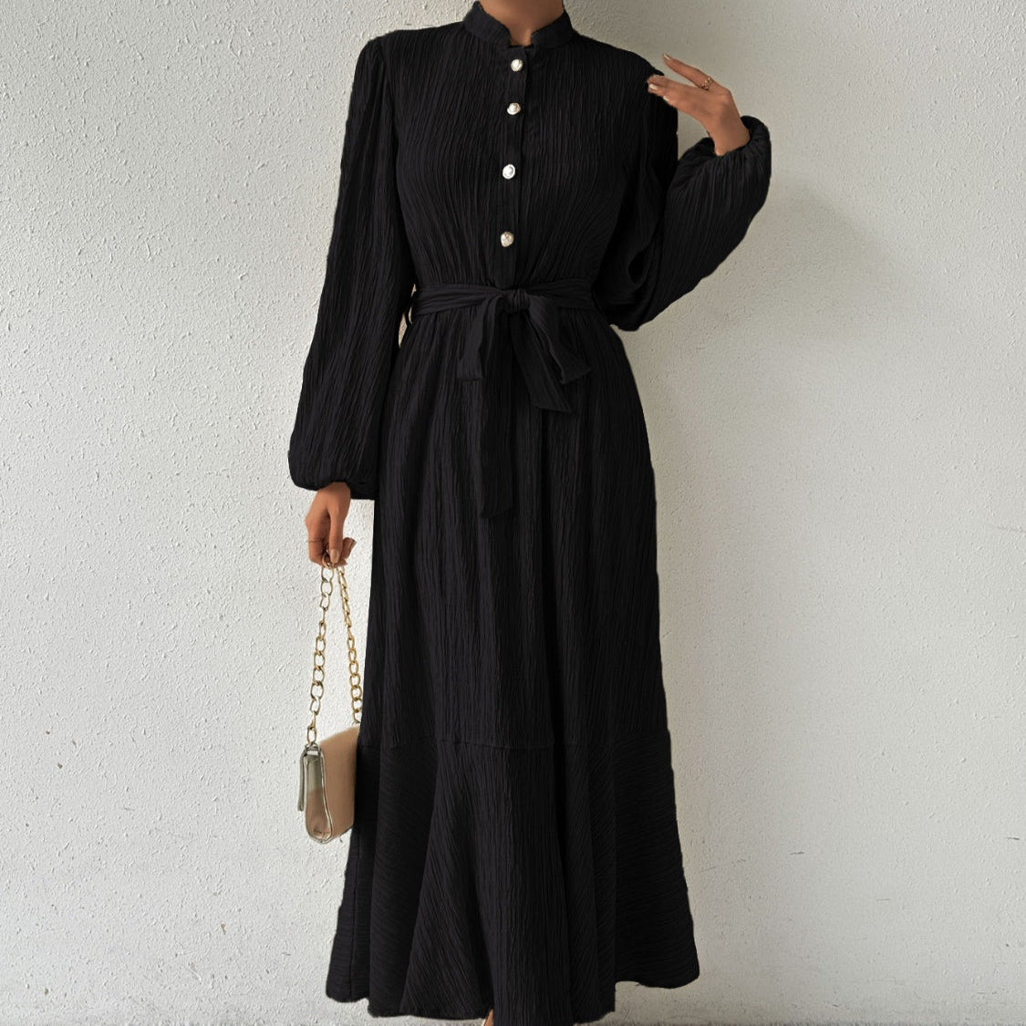 Damen - Plissiertes Maxikleid - Gewebtem Stoff - Lange Ärmel & Hoher Ausschnitt - Ideales Kleid für jeden Anlass