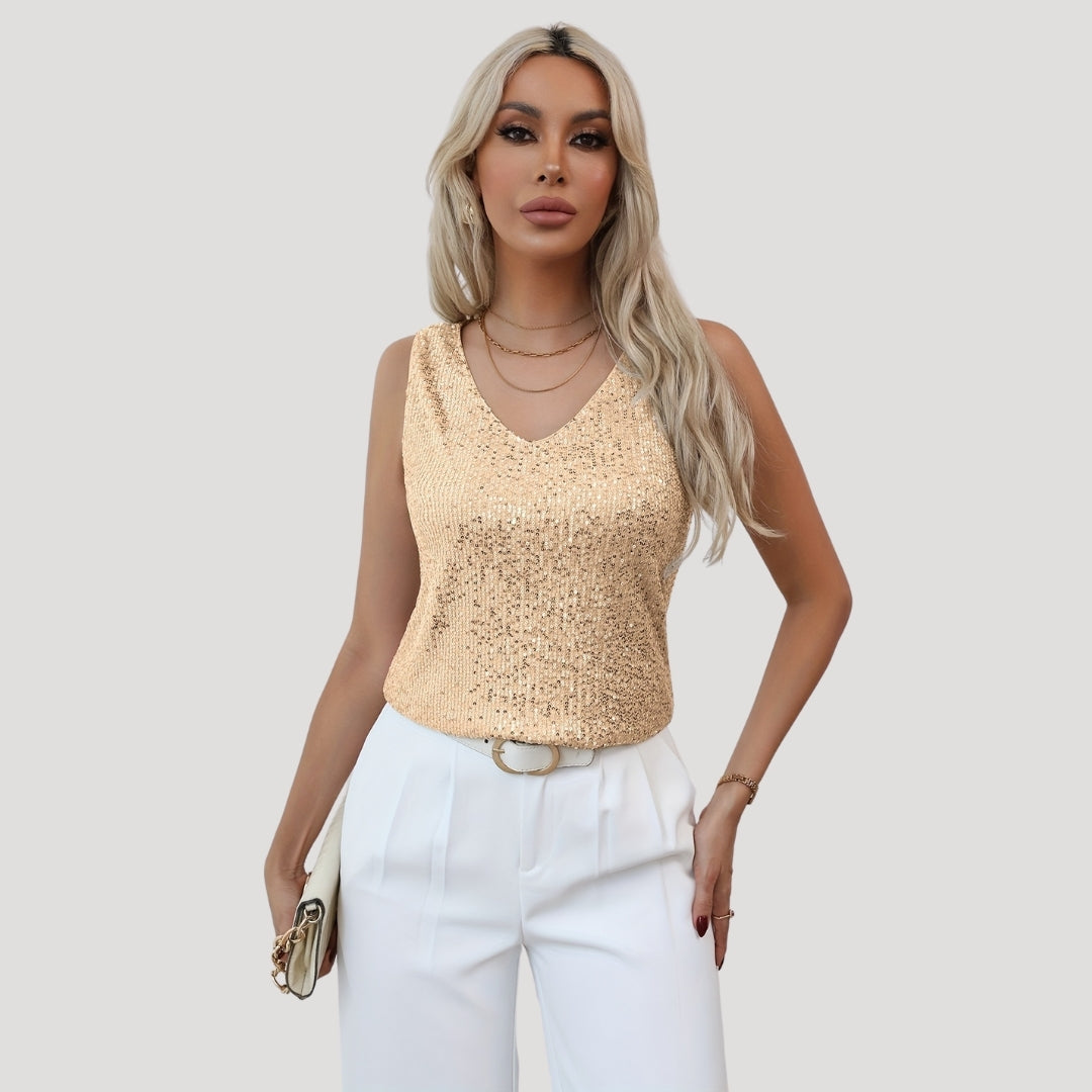 Damen - Pailletten Party-Top mit V-Ausschnitt - Leichte Stoff - Glamouröser Stil für besondere Anlässe
