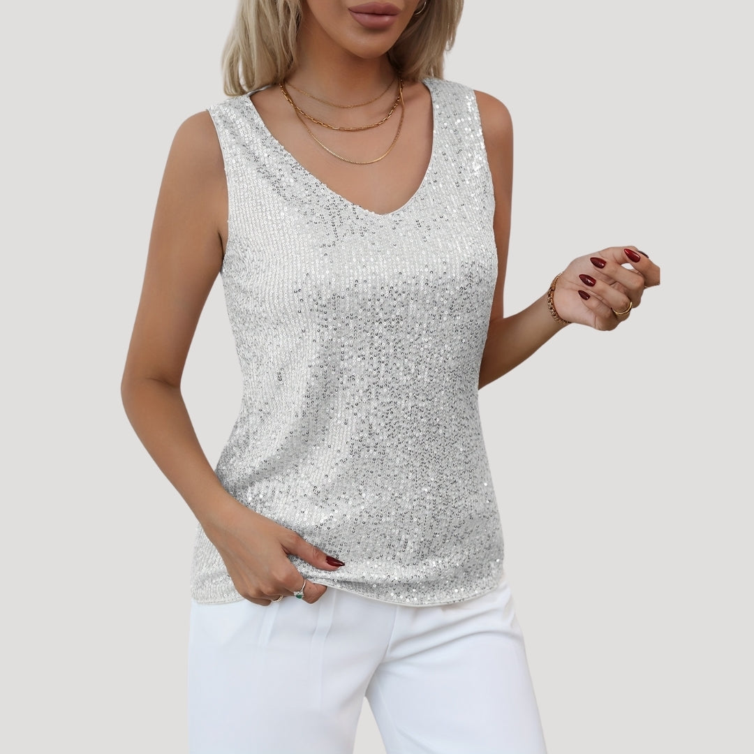 Damen - Pailletten Party-Top mit V-Ausschnitt - Leichte Stoff - Glamouröser Stil für besondere Anlässe