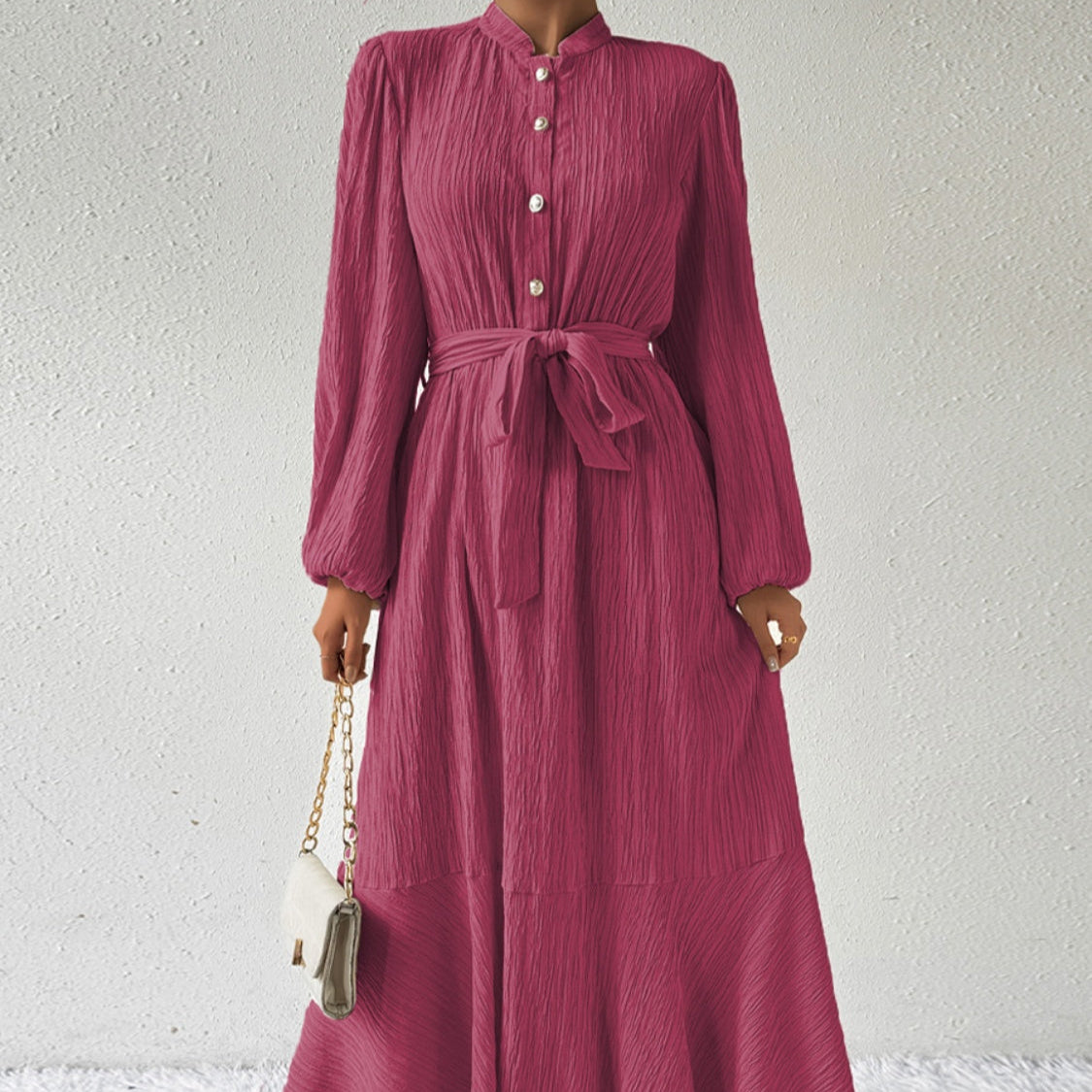 Damen - Plissiertes Maxikleid - Gewebtem Stoff - Lange Ärmel & Hoher Ausschnitt - Ideales Kleid für jeden Anlass