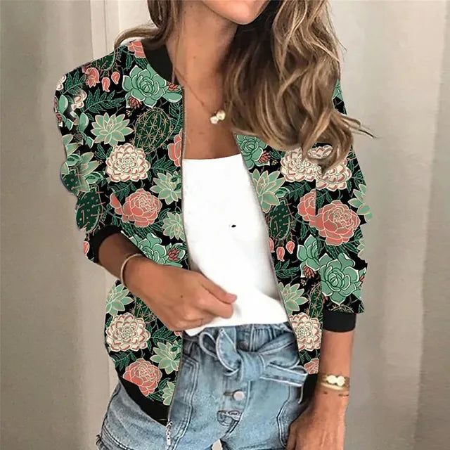 Damen - Stylische Bomberjacke - Hochwertigem Stoff - Blumen und Kaktusdruck - Leichte Oberbekleidung für jeden Anlass