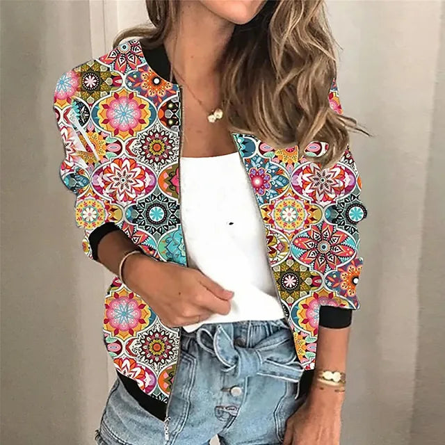 Damen - Stylische Bomberjacke - Hochwertigem Stoff - Blumen und Kaktusdruck - Leichte Oberbekleidung für jeden Anlass