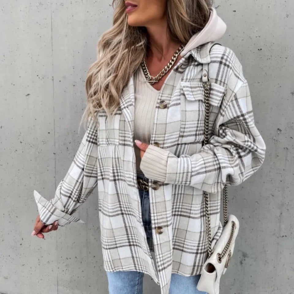 Damen - Karierte Kapuzenjacke - Bequeme Baumwolle - Modische Herbstjacke für lässige Outfits