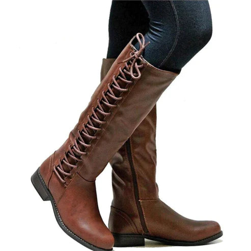 Damen - Schnürstiefel - Kniehohe - Flacher Stil - Bequeme und modische Stiefel für jeden Anlass