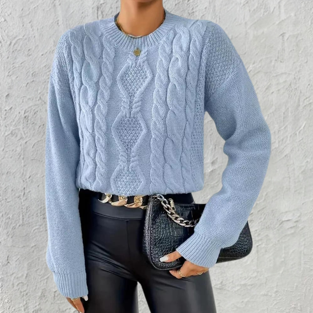 Damen - Kabelstrick Pullover - Weicher Baumwollmix - Rundhalsausschnitt für gemütliche Looks