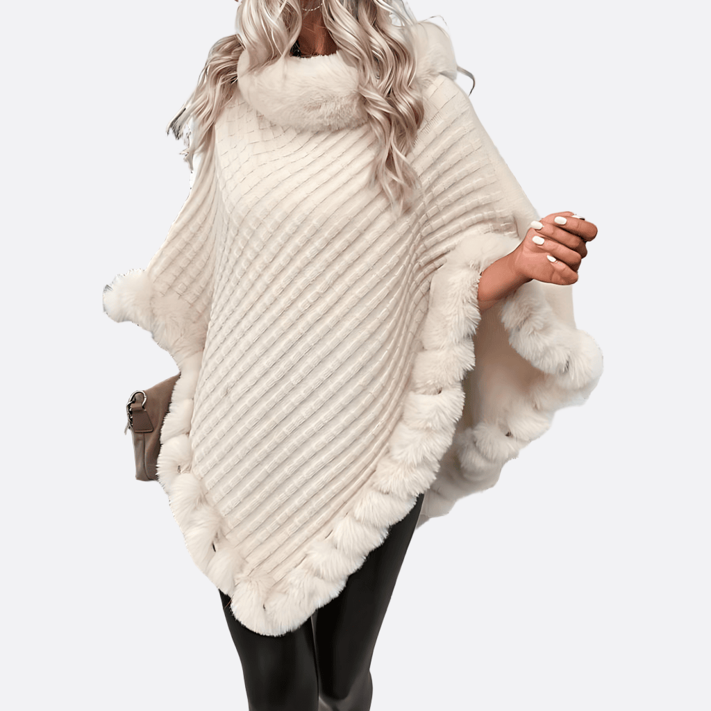Damen - Beigefarbener Poncho - Flauschigem Besatz - Rautenmuster - Stilvoller Überwurf für kalte Tage