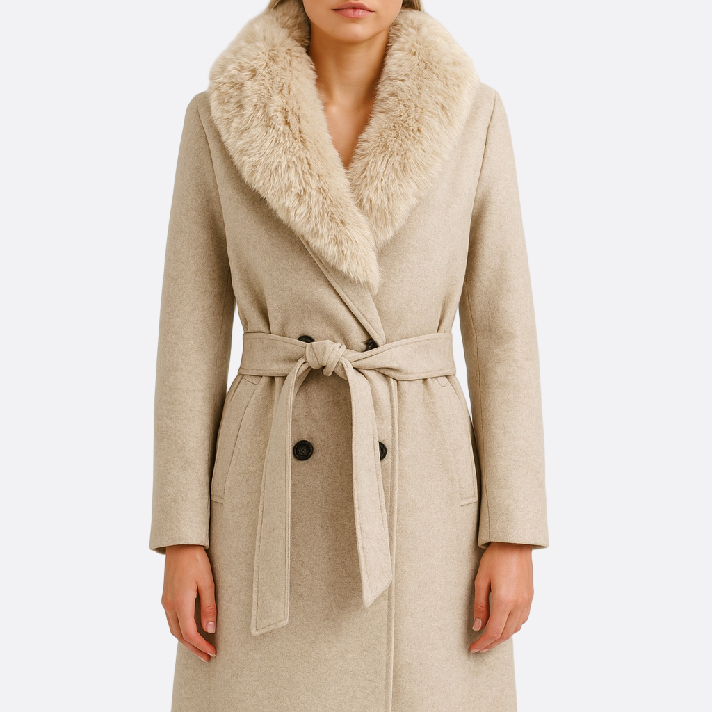 Damen - Beigefarbener Trenchcoat - Kunstpelz - Stilvoller Übergangsmantel für jedes Wetter