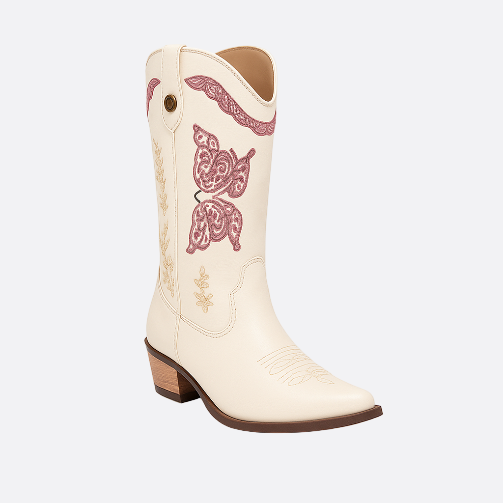 Damen - Bestickte Westernstiefel - Leder - Halbhoher Schaft für Stil und Komfort