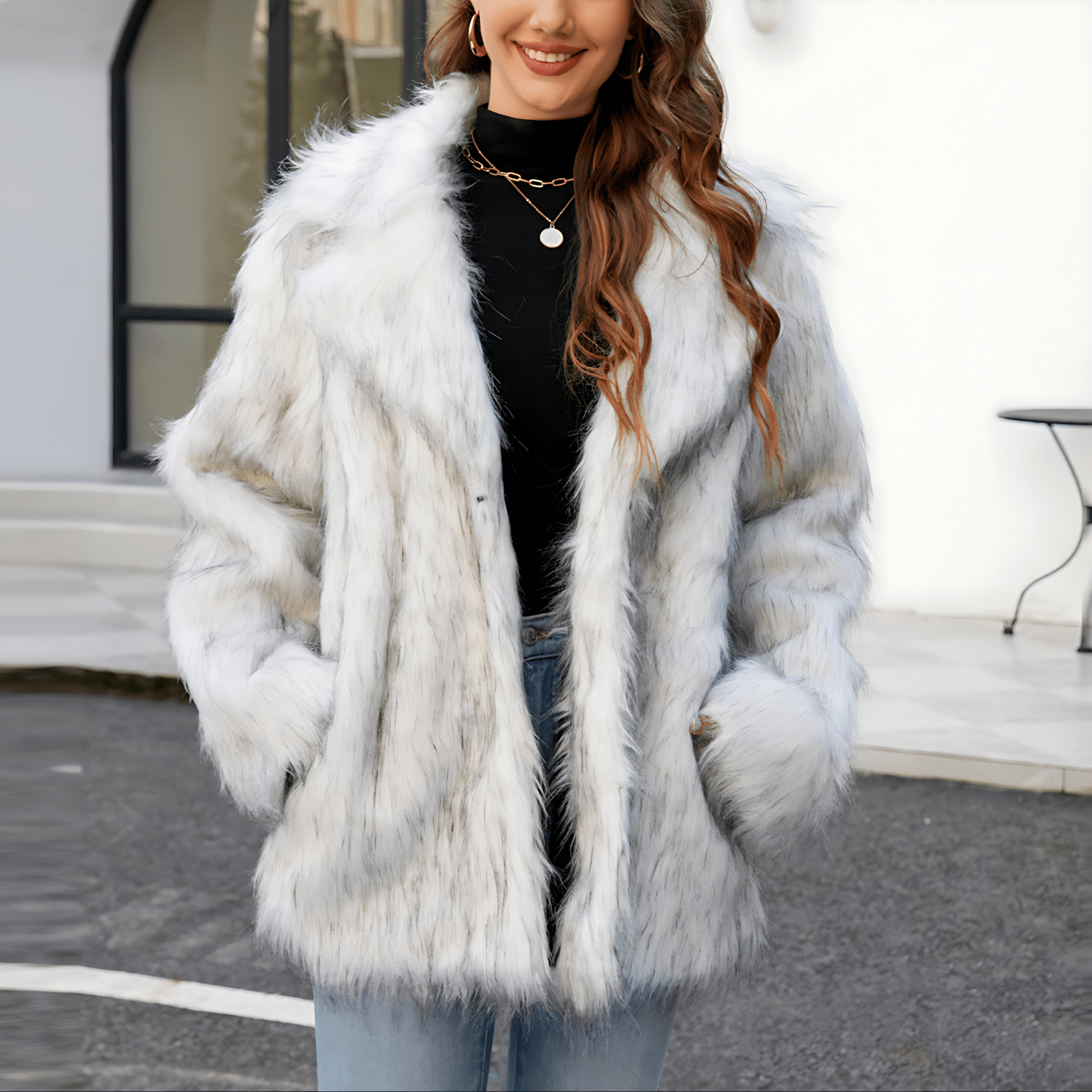 Damen - Elegante Kunstfell Jacke - Weicher Kragen - Stilvolle Wintermode für jedes Outfit
