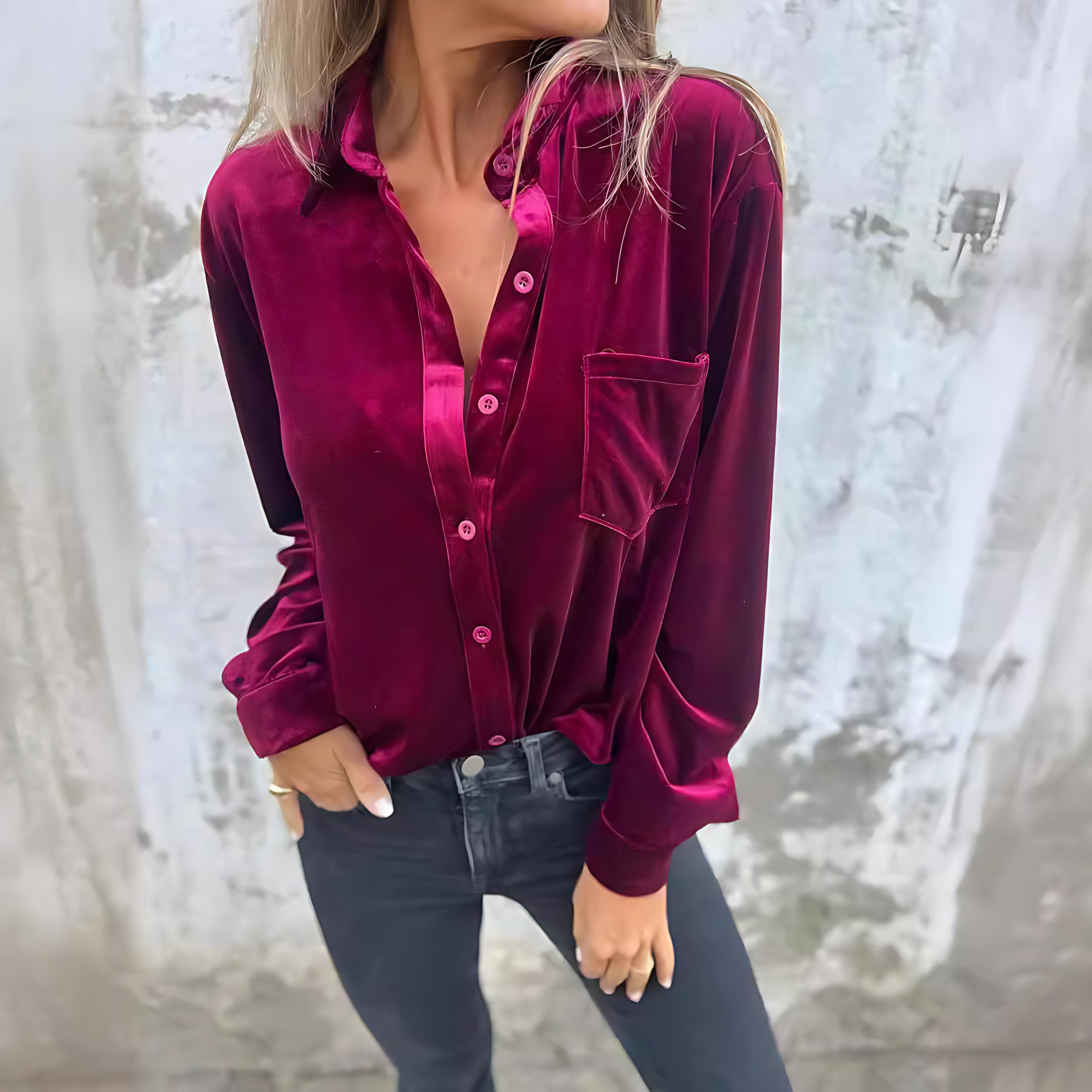 Damen - Elegante Samtbluse - Glänzender Stil - Weiche Bluse für jeden Anlass