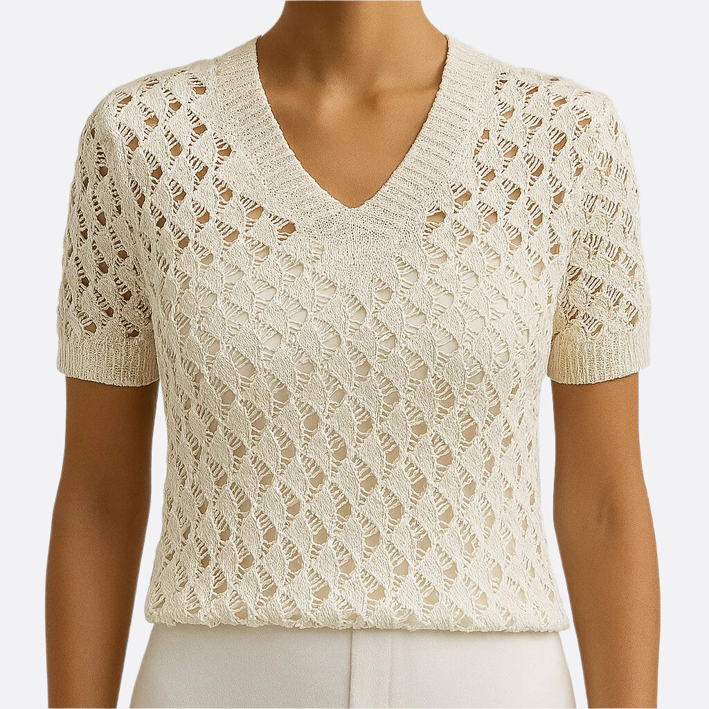 Damen - Eleganter Kurzarm-Pullover - Spitzengewebe - V-Ausschnitt mit Spitze - Stylisches und vielseitiges Top