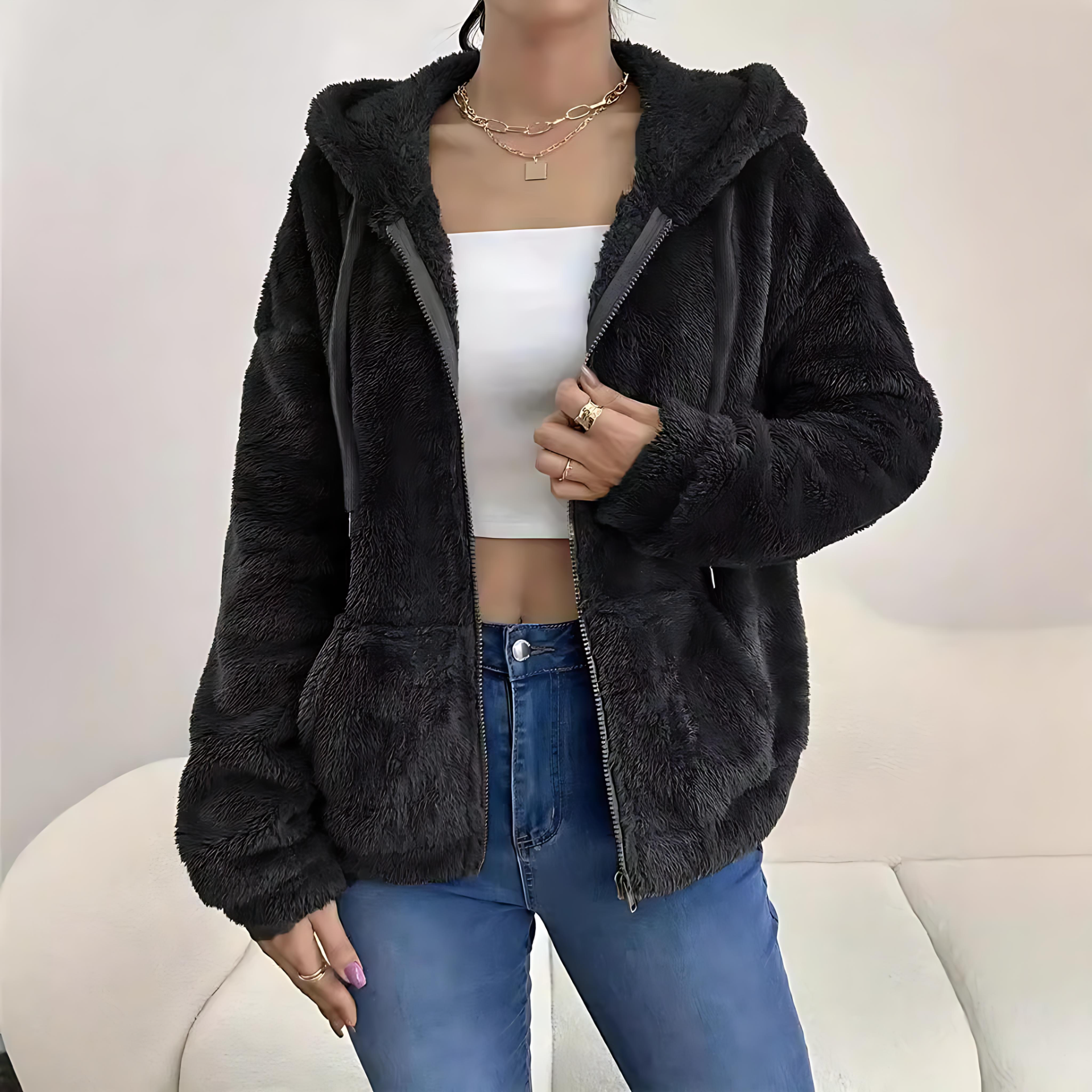 Damen - Fleecejacke - Kuschelig mit Kapuze & Taschen - Perfekt für kalte Tage