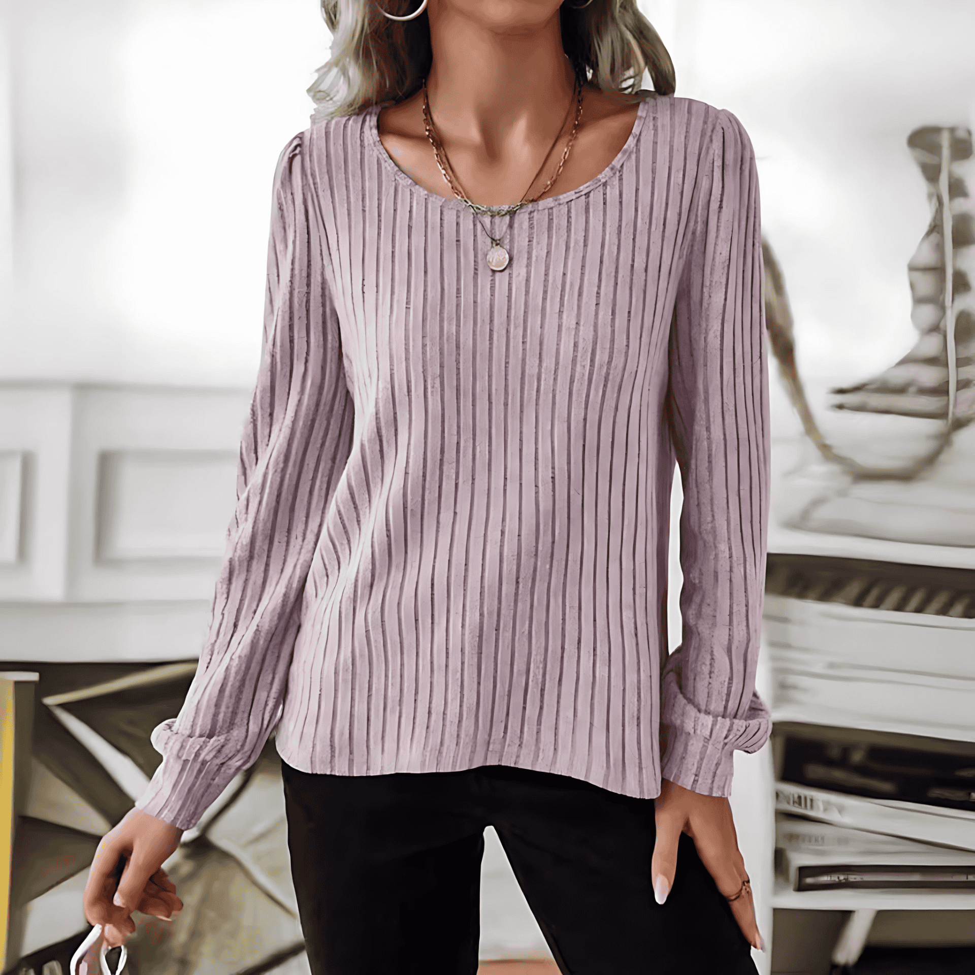 Damen - Gestreifter Pullover - Puffärmeln - Bequem und Stilvoll für jeden Anlass