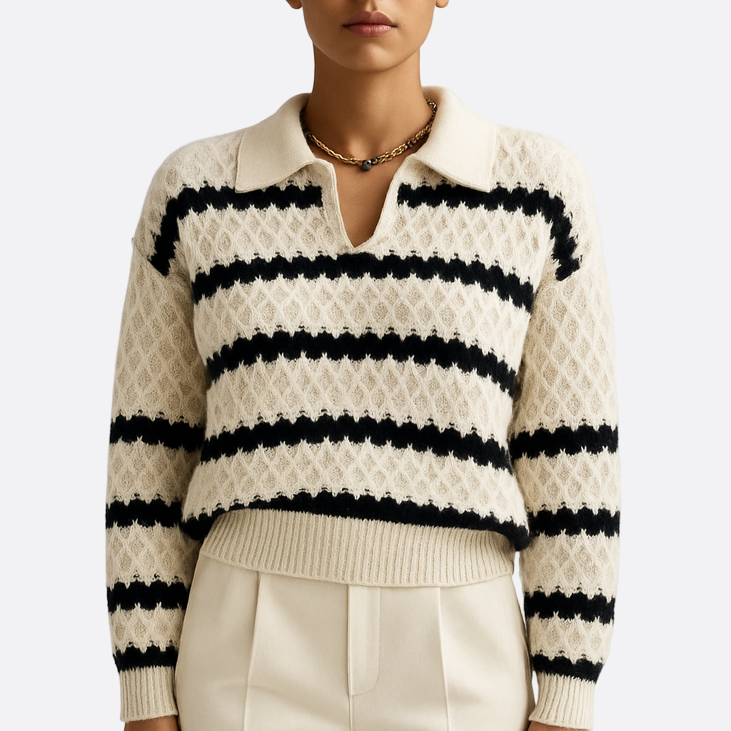 Damen - Grobstrickpullover - Poloshirt mit Streifen - Bequemer Style für jeden Anlass