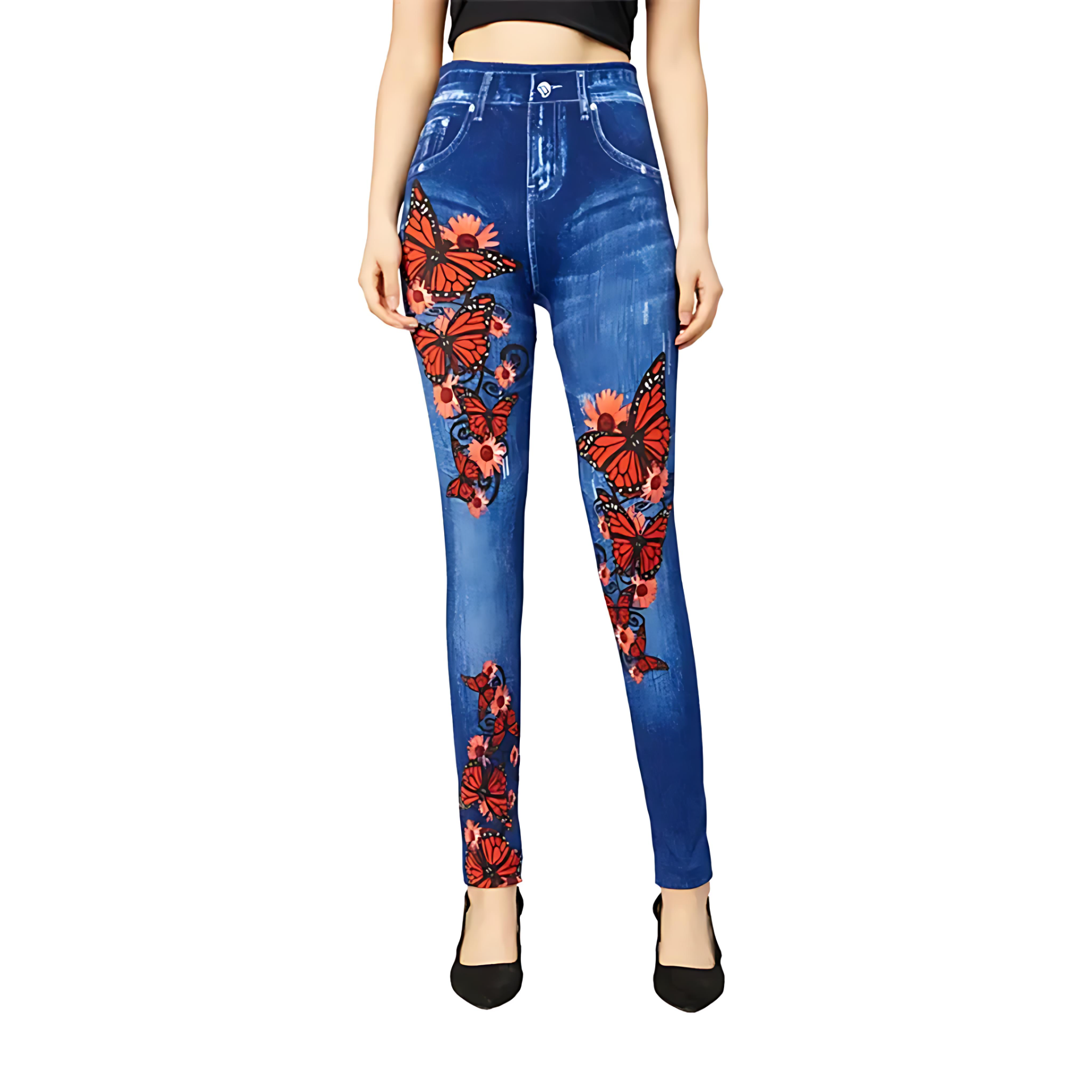 Damen - Jeggings mit hoher Taille - Schmetterlingsmuster - Bequem und stylisch für jeden Anlass