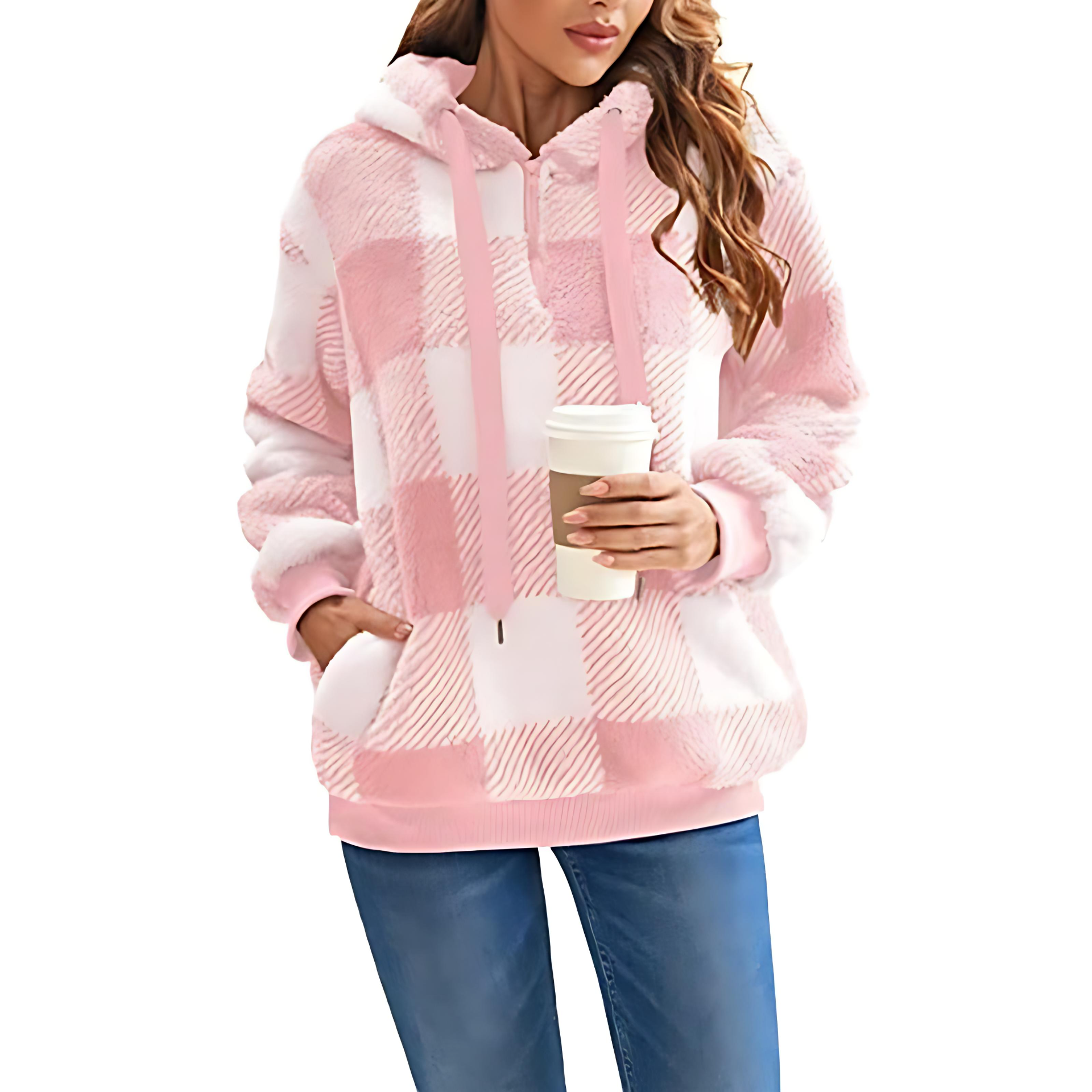 Damen - Karierter Kapuzenpullover - Hoher Kragen - Kuscheliger Stil für kalte Tage