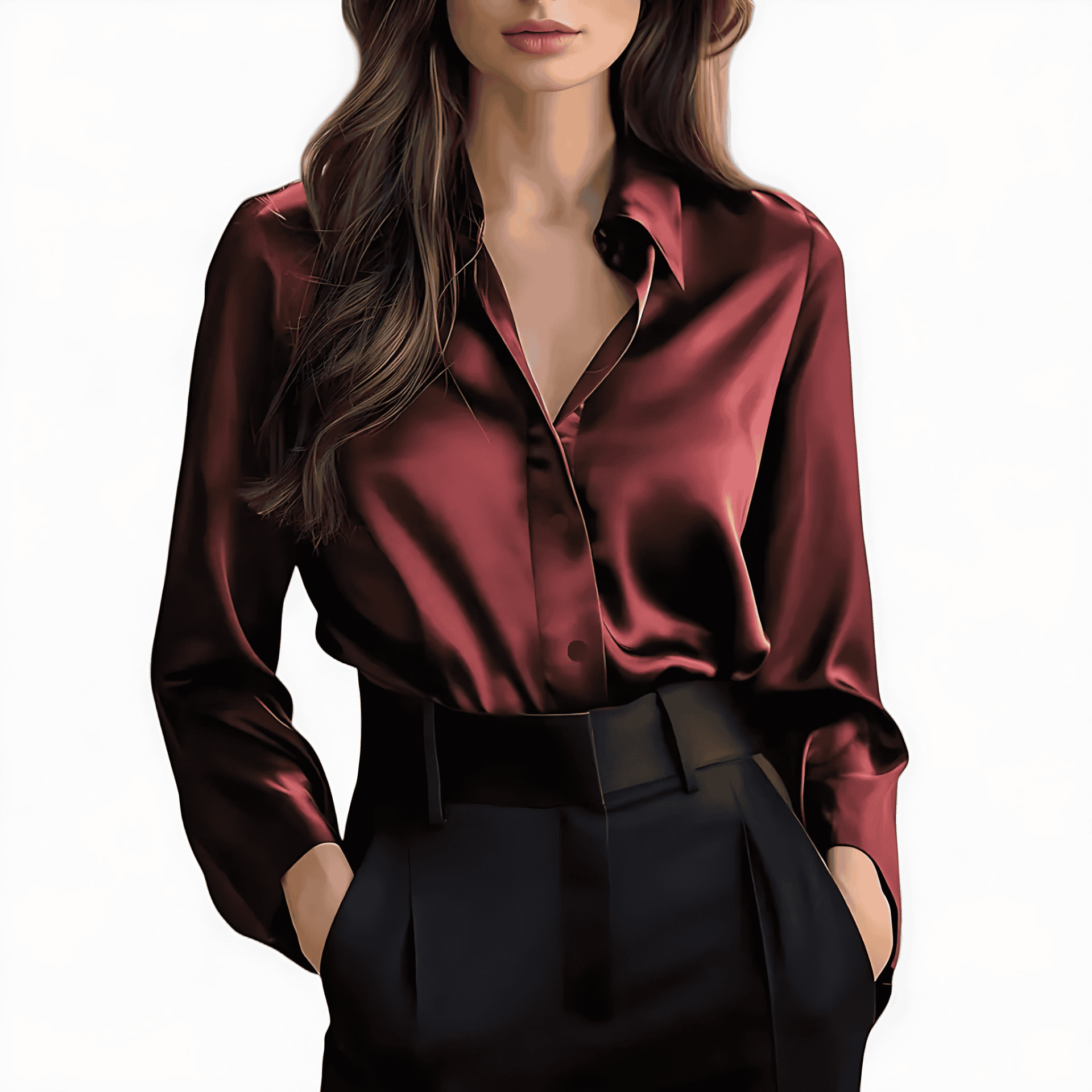 Damen - Langärmelige Satinbluse - Eleganter Stil -  vielseitige Bluse für jeden Anlass