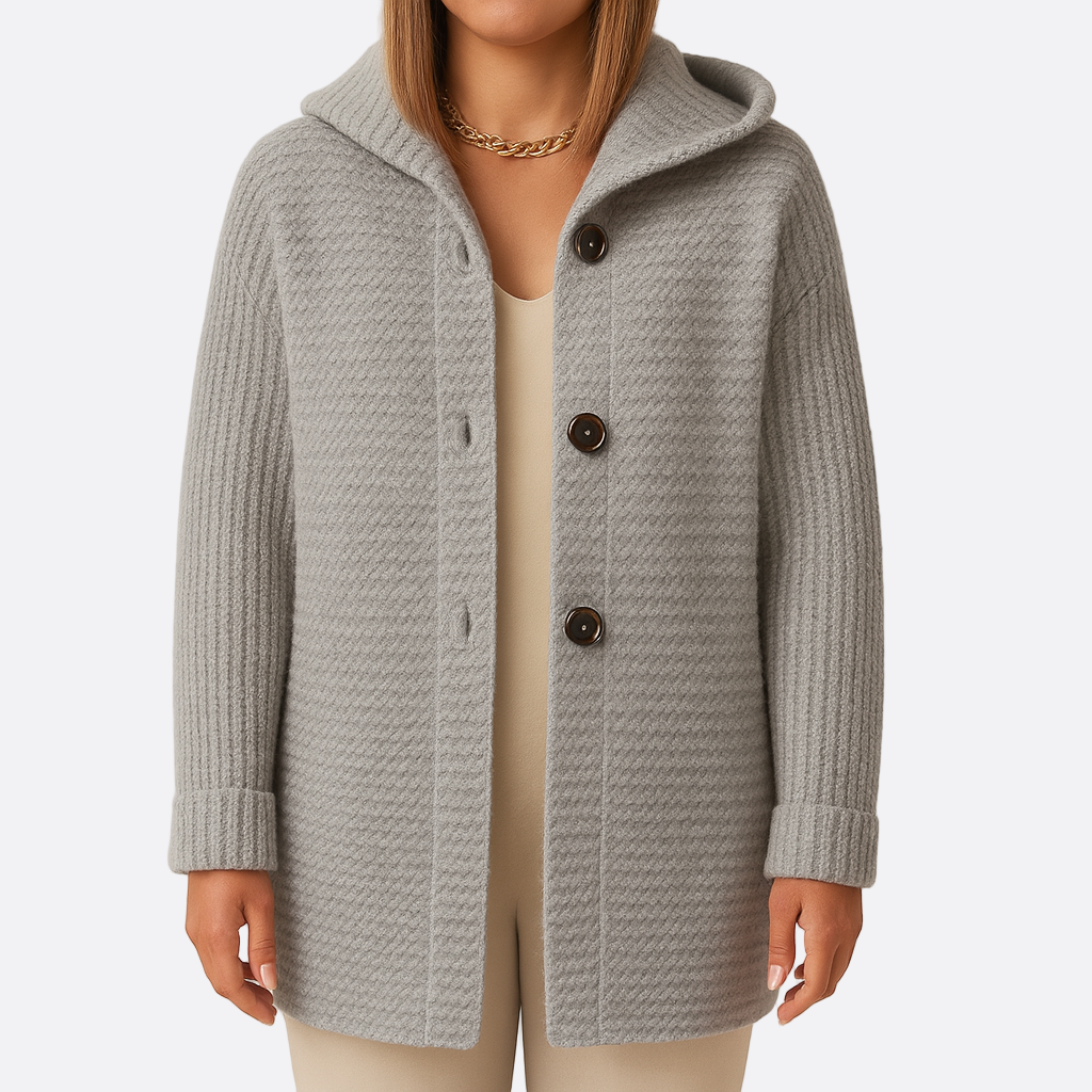 Damen - Lange Strickjacke - Kapuze - Knopfleiste - Bequeme und stilvolle Freizeitmode